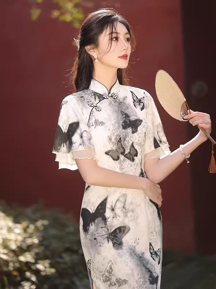 Black butterfly cheongsam. Short sleeve cheongsam.