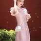 Pink cheongsam. Short sleeve cheongsam. Pink skirt.