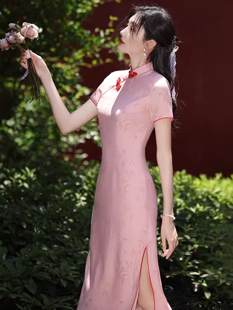 Pink cheongsam. Short sleeve cheongsam. for you.