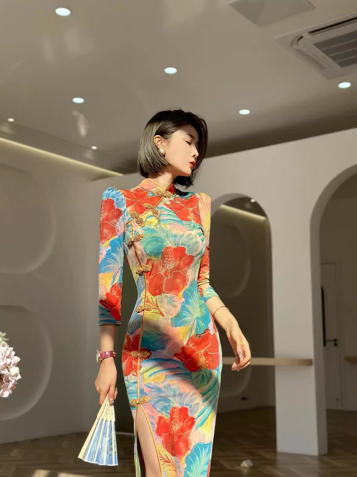 Floral cheongsam. Long sleeve maxi dress.