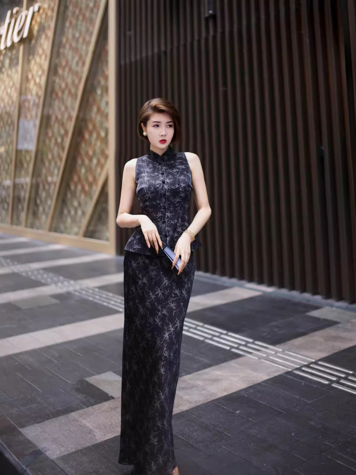 Black Tang suit dress. Waistcoat and skirt two-piece set.