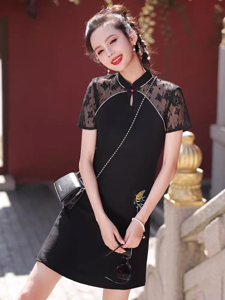 Black lace cheongsam. Short sleeve cheongsam. Black skirt. for you.