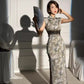 Gray floral cheongsam. Sleeveless gown. Chinese robe.