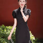 Black cheongsam. Short sleeve cheongsam. Black skirt.