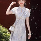 Off-the-shoulder cheongsam. Short sleeve cheongsam. Short skirt.