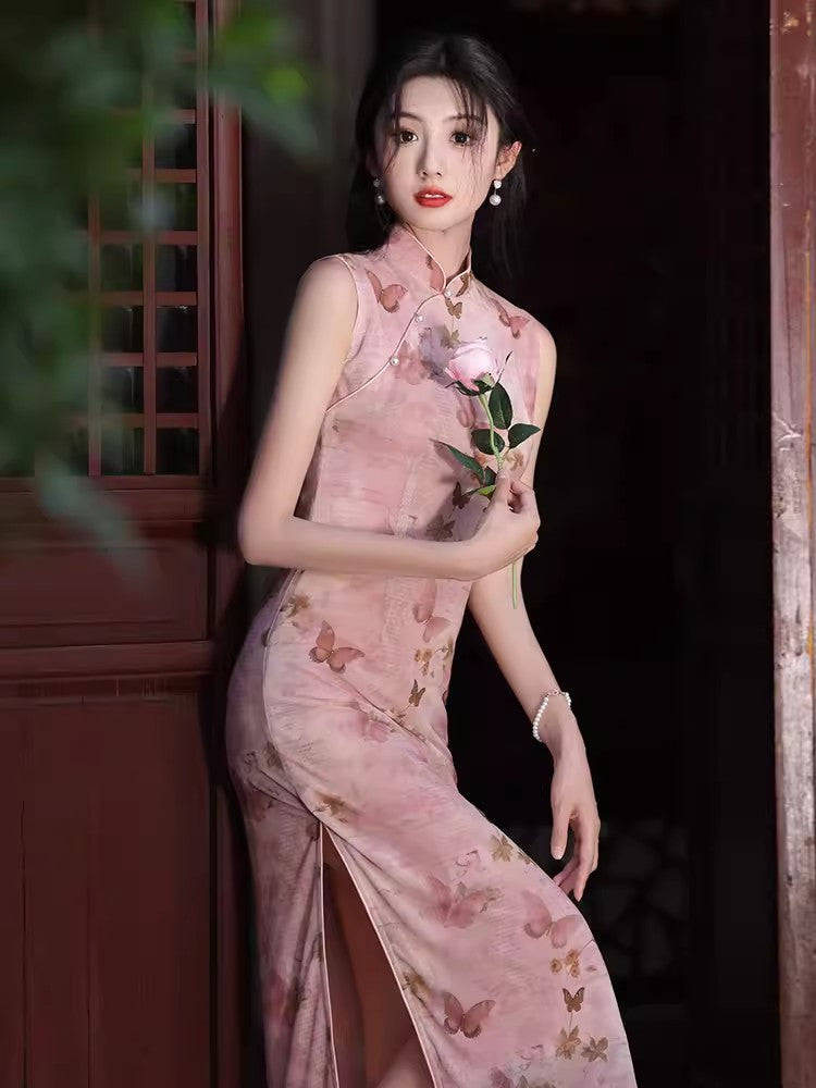 Pink butterfly cheongsam. Short sleeve cheongsam. for you.