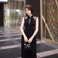 Black cheongsam dress. Lace dress. Sleeveless evening gown.