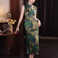 Blue green cheongsam. Lace short sleeve cheongsam.