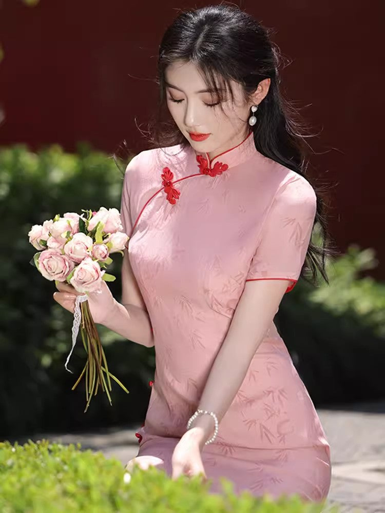 Pink cheongsam. Short sleeve cheongsam. for you.