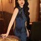 Elegant Chinese vintage cheongsam. Blue qipao dress. Sleeveless gown.