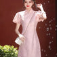 Pink cheongsam. Short sleeve cheongsam. Pink skirt.