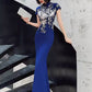 Blue embroidered cheongsam. Elegant ball gown.