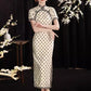 Polka dot cheongsam. Champagne color short-sleeved cheongsam.