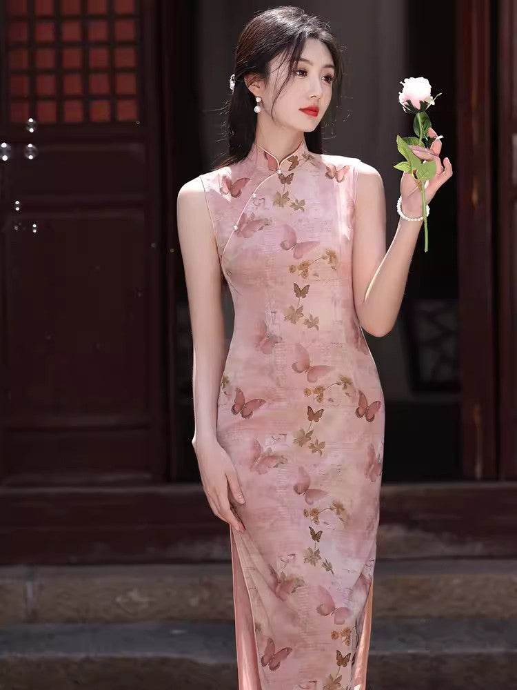 Pink butterfly cheongsam. Short sleeve cheongsam. for you.