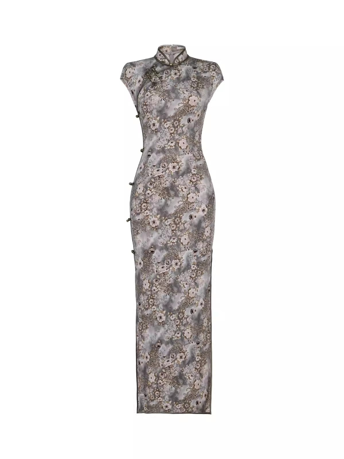 Gray floral cheongsam. Sleeveless gown. Chinese robe.