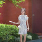 Off-the-shoulder cheongsam. Short sleeve cheongsam. Short skirt.