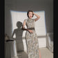 Gray floral cheongsam. Sleeveless gown. Chinese robe.