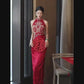 Red sleeveless cheongsam. Bridal Qipao dress. Chinese wedding dress.