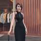 Black cheongsam dress. Lace dress. Sleeveless evening gown.