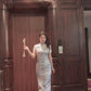 Traditional satin cheongsam. Blue full qipao. Silk and polyester textiles. Fully lined.