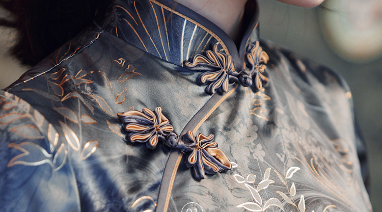 Traditional Blue Full Cheongsam Dress - Satin