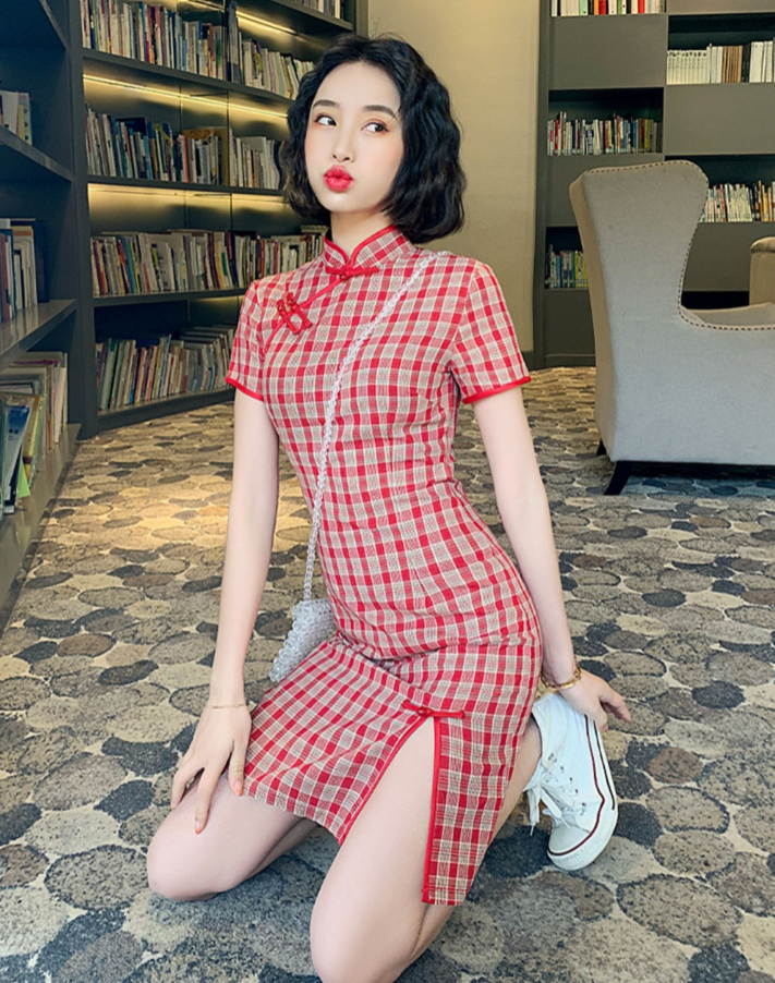 Cute Plaid Short Cheongsam - Cotton