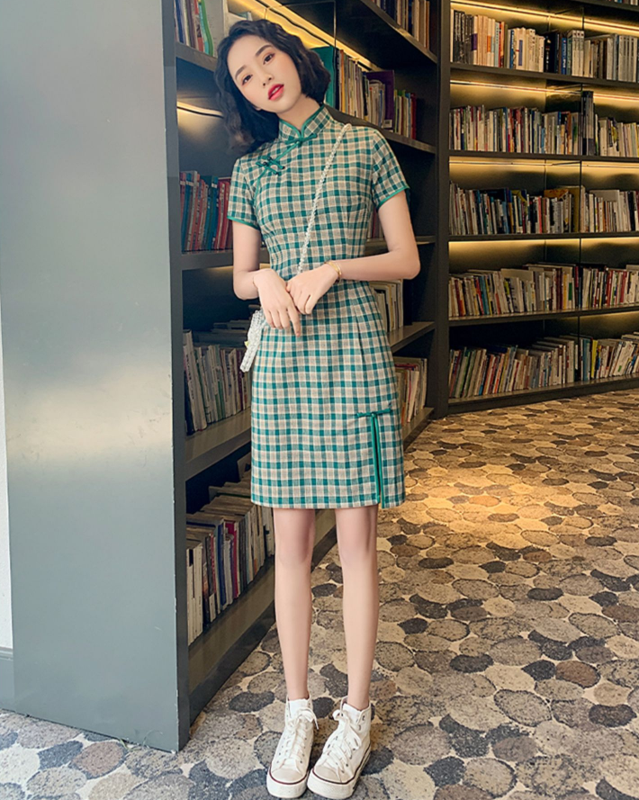 Cute Plaid Short Cheongsam - Cotton