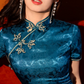 Satin blue cheongsam. Fully lined. Custom dresses.