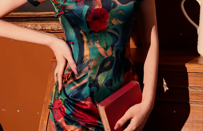 Traditional satin floral cheongsam. Green qipao. Custom dresses.