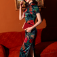 Traditional satin floral cheongsam. Green qipao. Custom dresses.