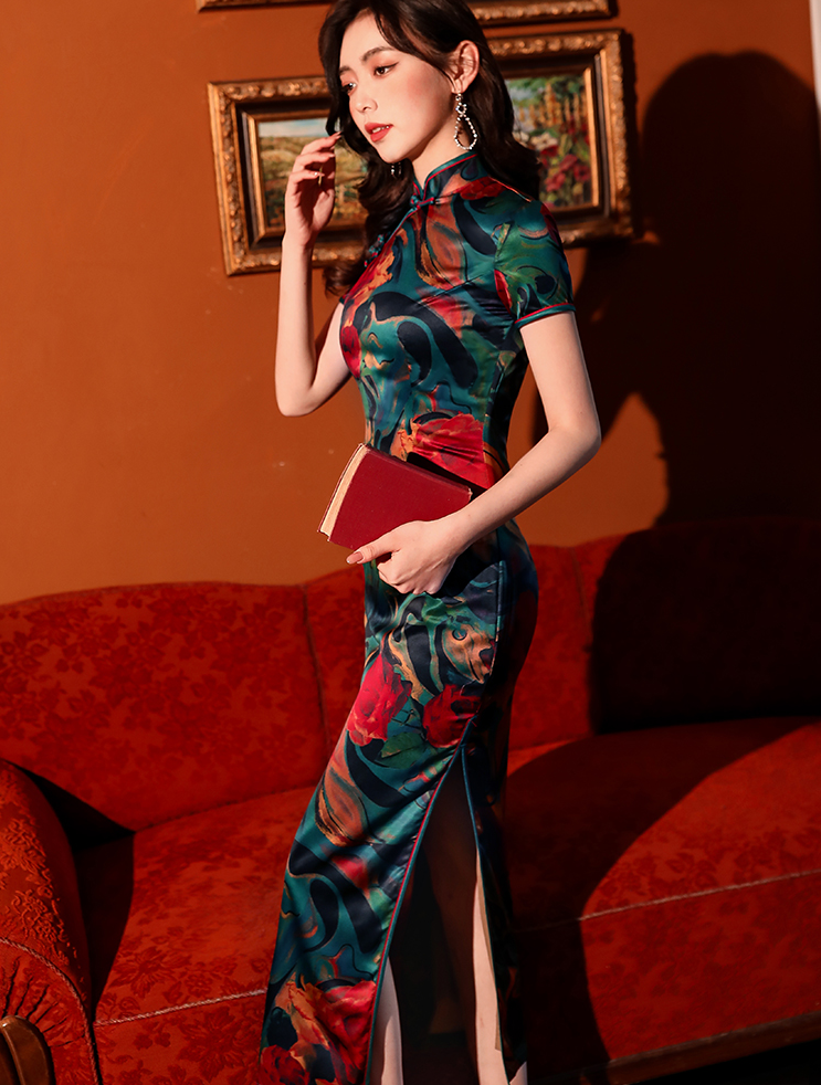 Traditional satin floral cheongsam. Green qipao. Custom dresses.