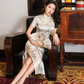 Champagne jacquard satin cheongsam. modern qipao. Silk polyester blend.