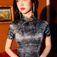 Satin gray cheongsam gown. Plus size qipao. Fully lined. Polyester and silk blend.