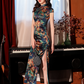 Green floral cheongsam. satin. Fully lined. Polyester and silk blend.
