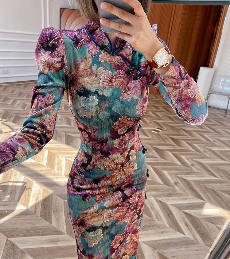 Handmade Modern Qipao .Jacquard floral cheongsam dress.EVEing dress