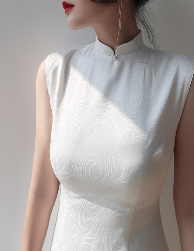 Minimalist white Cheongsam, sleeveless dress for everyday, Chinese vintage dress