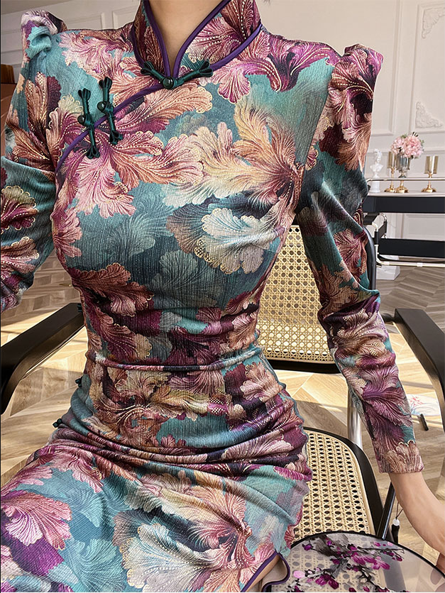 Handmade Modern Qipao .Jacquard floral cheongsam dress.EVEing dress