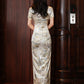 Champagne jacquard satin cheongsam. modern qipao. Silk polyester blend.