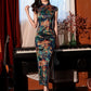 Green floral cheongsam. satin. Fully lined. Polyester and silk blend.