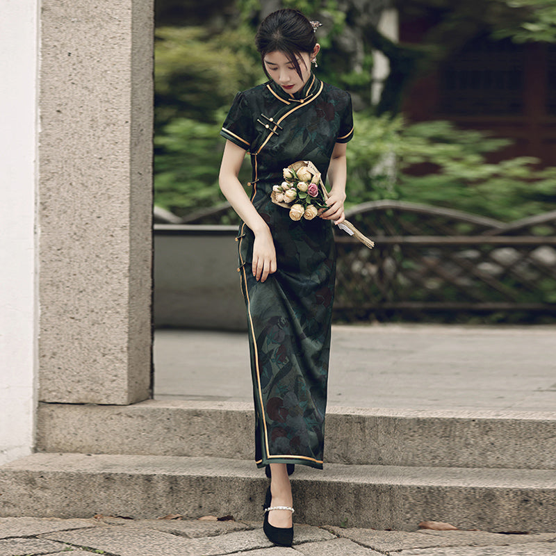 Traditional Green Full Cheongsam Dress - Satin | Silk