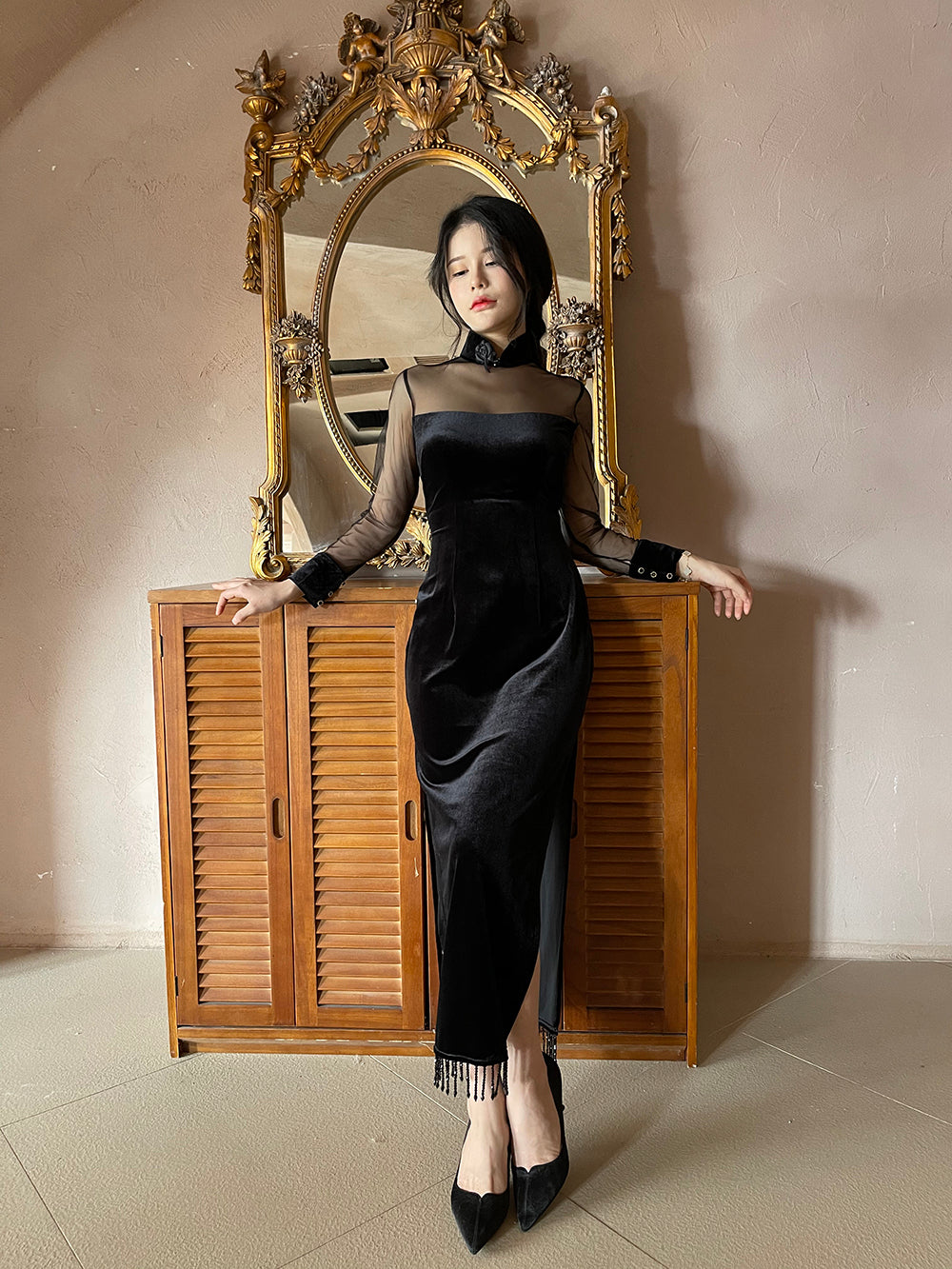 Black lace cheongsam. Modern cheongsam dress for party/tea ceremony. evening dress.