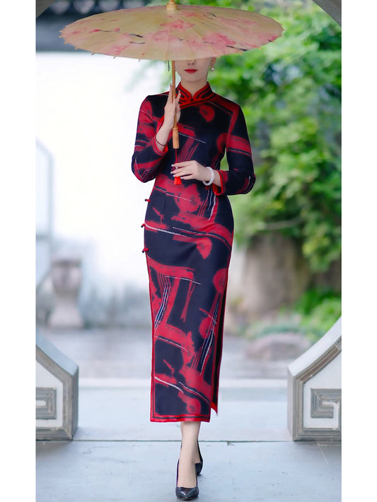 Traditional Chinese cheongsam dress. Autumn winter dress.