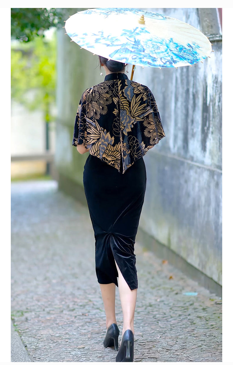 Traditional Chinese dress. Black velvet Cheongsam and shawl. Elegant evening dresses.