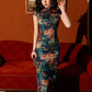 Green floral cheongsam. satin. Fully lined. Polyester and silk blend.