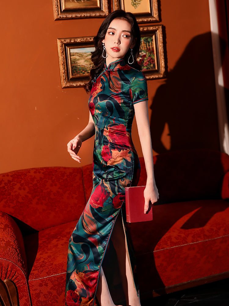 Traditional satin floral cheongsam. Green qipao. Custom dresses.