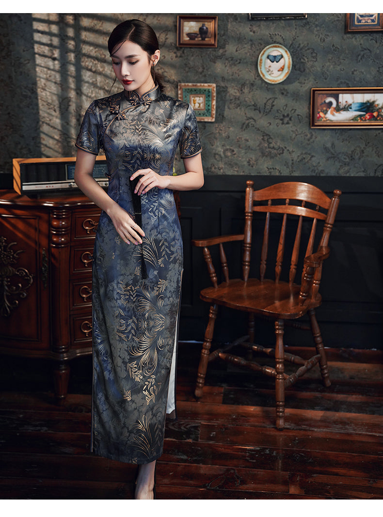 Traditional Blue Full Cheongsam Dress - Satin