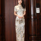 Champagne jacquard satin cheongsam. modern qipao. Silk polyester blend.