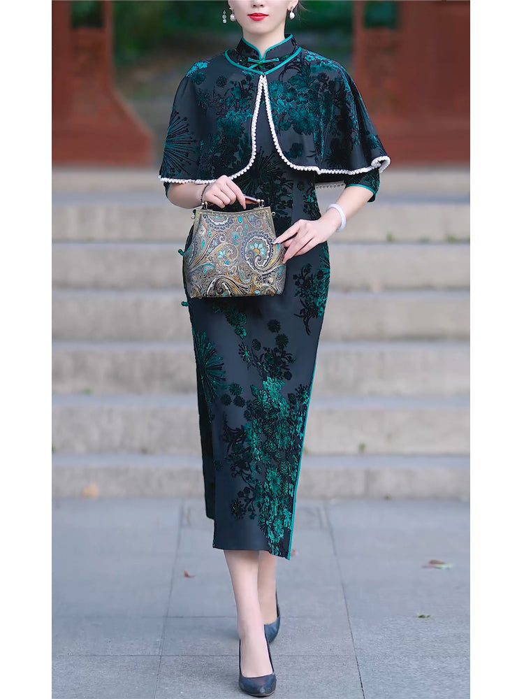 Green Velvet Cheongsam Dress | Traditional Chinese dress with shawl Velvet modern qipao evening dress|