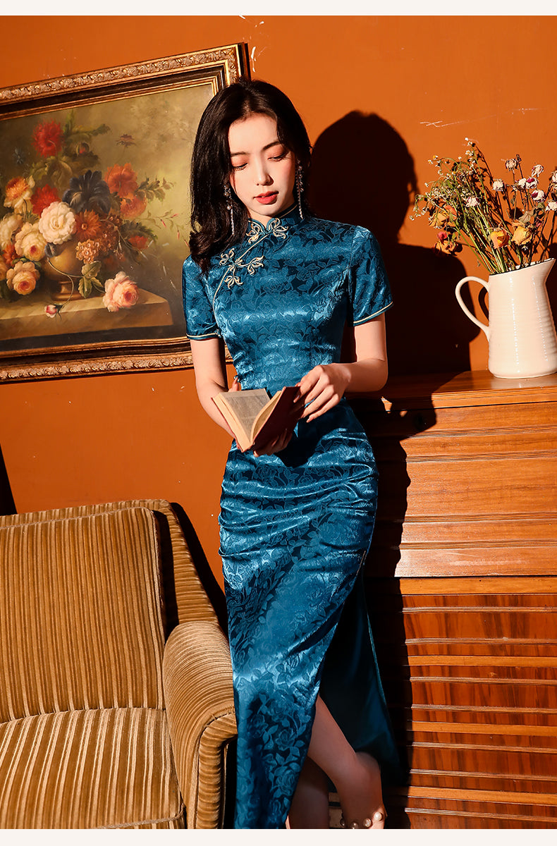 Satin blue cheongsam. Fully lined. Custom dresses.