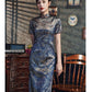 Traditional Blue Full Cheongsam Dress - Satin